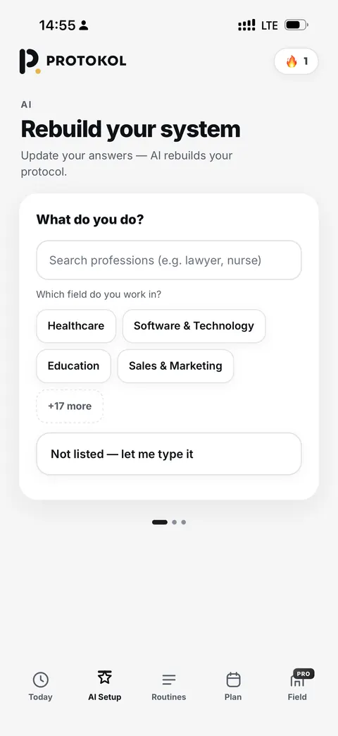 The PROTOKOL AI Setup screen asking for profession, goal and available time