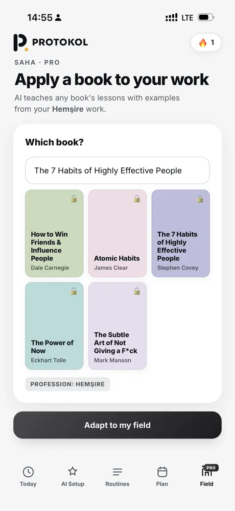 The PROTOKOL Field screen adapting a book principle into one concrete move for the user’s profession