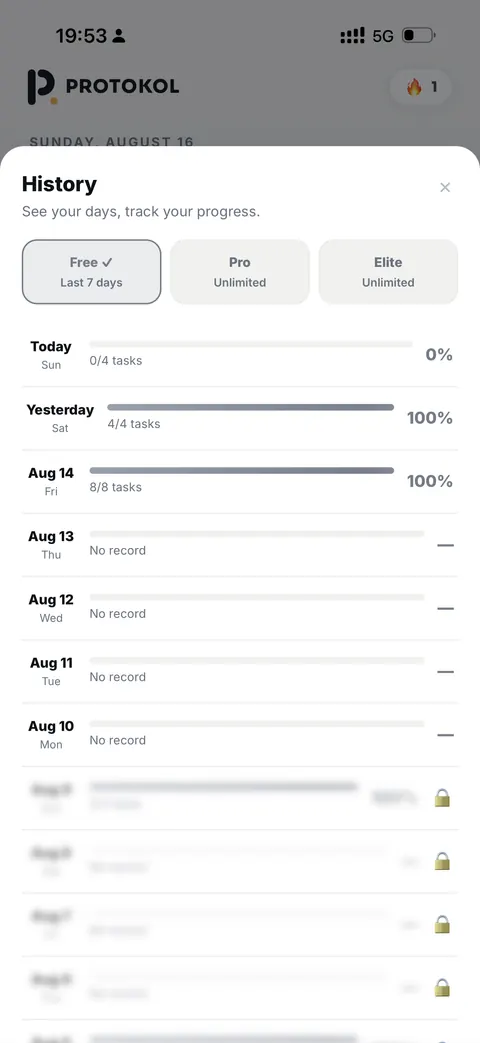 The PROTOKOL History screen showing previous days and how much of each was completed