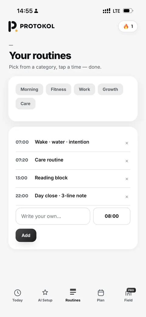 The PROTOKOL Routines screen listing daily routines with their times